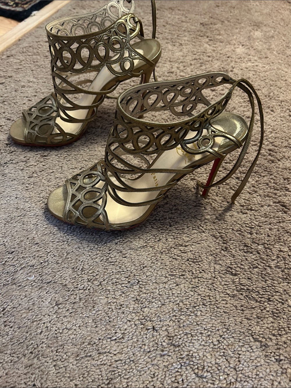 Christian Louboutin Metallic Gold Laser-Cut Strappy High Heels